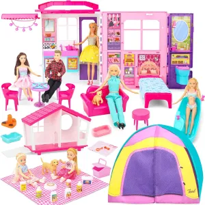 Doll House Portable & Foldable Dollhouse w/ 60  Pcs & 2 Dolls, Play House Toy with Bedroom Kitchen Pet House Camping Playset, Playhouse Birthday Gift for Girl Kid Toddler
