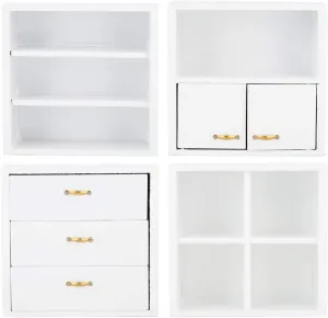 Dollhouse Cabinet Furniture, 4pcs 1:12 Cabinet Unit Doll House Furniture, DIY Wooden Dollhouse Furniture Set, for Putting Greenery, Enamel, Book, Musical Instrument(White)