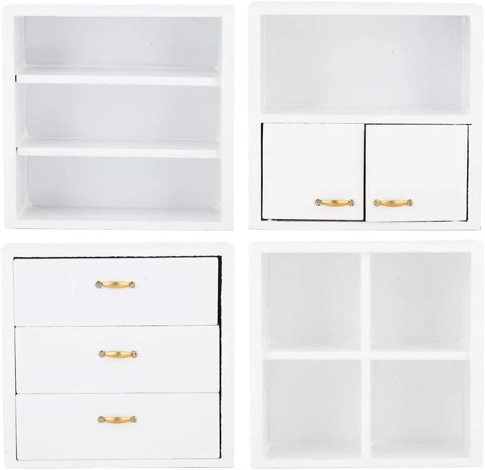 Dollhouse Cabinet Furniture, 4pcs 1:12 Cabinet Unit Doll House Furniture, DIY Wooden Dollhouse Furniture Set, for Putting Greenery, Enamel, Book, Musical Instrument(White)