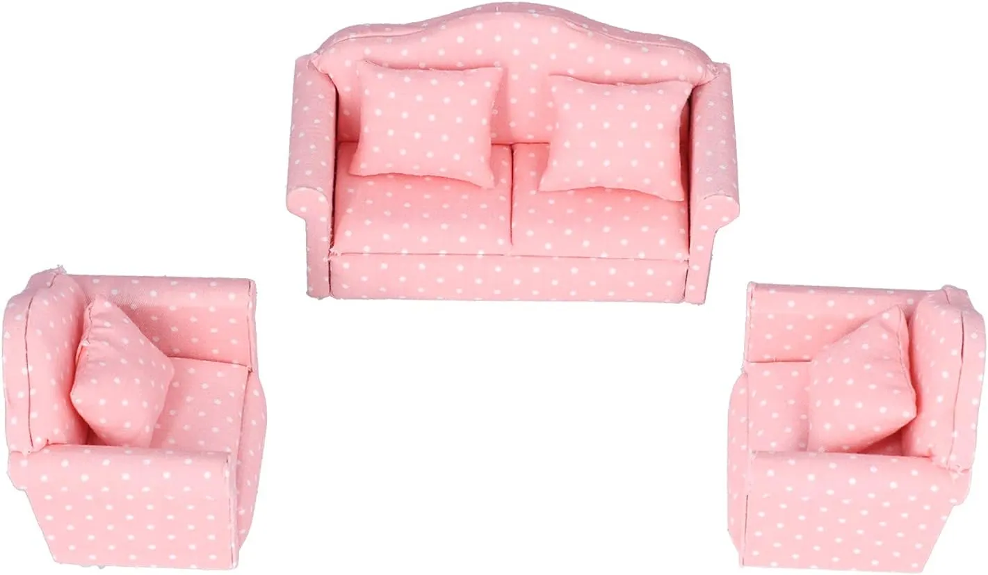Dollhouse Furniture Set, 3pcs Dollhouse Miniature Sofa Kit with Pillow Miniature Toys Couch Chairs for 1:12 Dollhouse Accessory