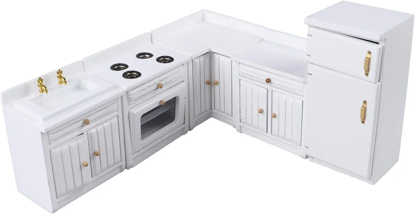 Dollhouse Kitchen Furniture Kit 1:12 Doll House Miniature Suite Wooden Kitchen Cabinet Fridge Set Dining Room for Miniature Dollhouse Furniture Scenes Accessories