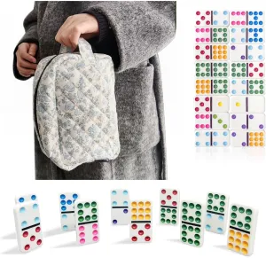 Dominos Set for Adults in Quilted Carrying Bag, Double 9 Dominoes Set for Travel, 55 Tiles, Portable Dominoes Set for Family (Double 9, Floral)