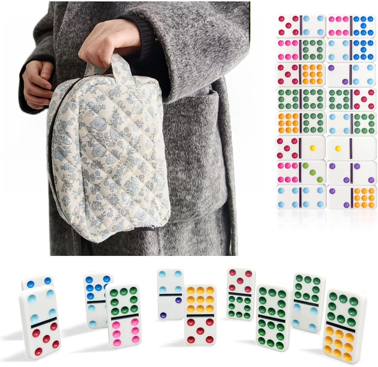 Dominos Set for Adults in Quilted Carrying Bag, Double 9 Dominoes Set for Travel, 55 Tiles, Portable Dominoes Set for Family (Double 9, Floral)