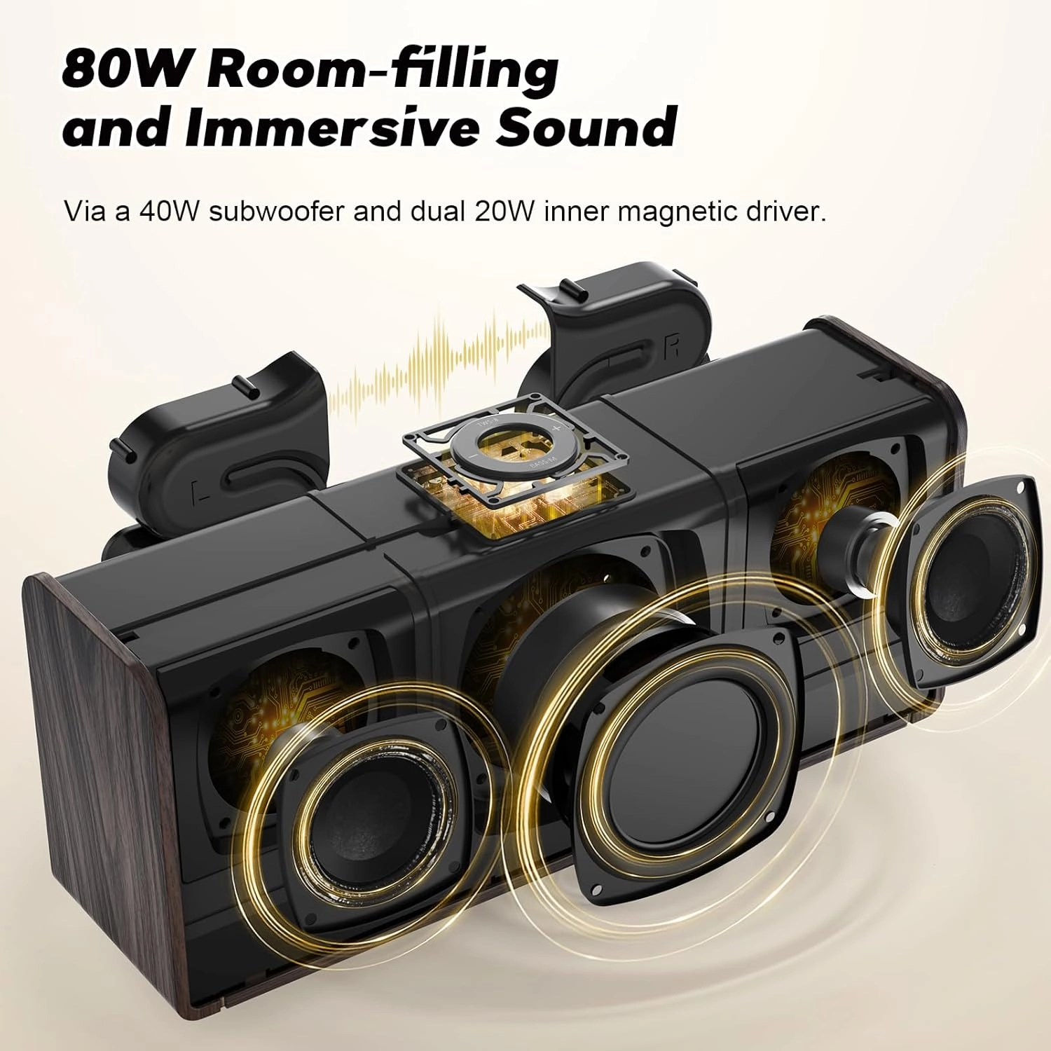 DOSS SoundBox Ultra Bluetooth Speaker with 2.1 Channel Audio, 80W Superior Sound with Deep Bass, Two DSP Technologies, 18H Playtime, BT 5.3, Wireless for Home, Office, Bedroom-Gold