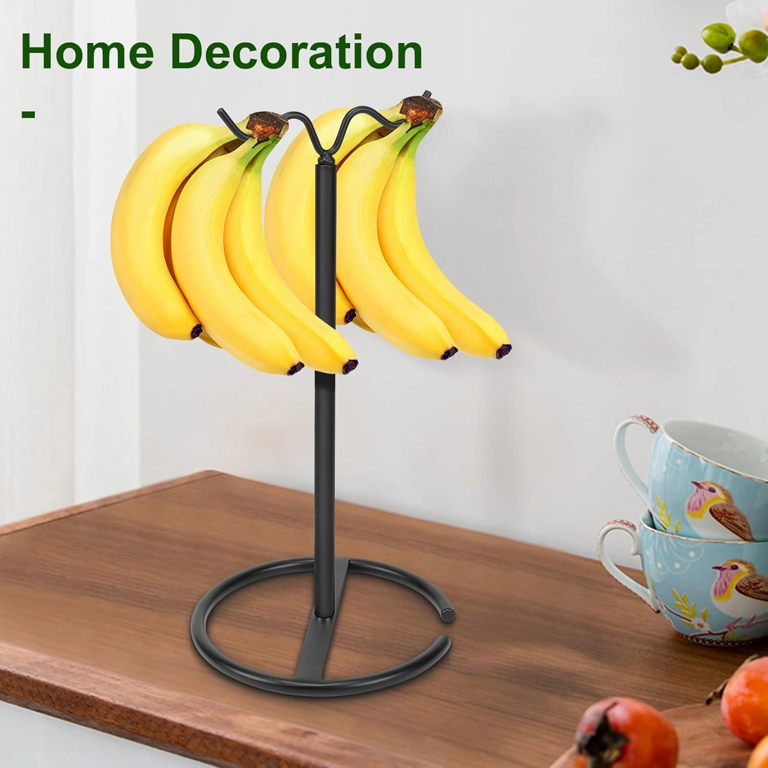Double Hooks Standing Banana Holder, Banana Hanger Tree Stand Hook for Kitchen Countertop, Sturdy and Balanced Fruit Shelves with Storage on Both Sides.(Black)