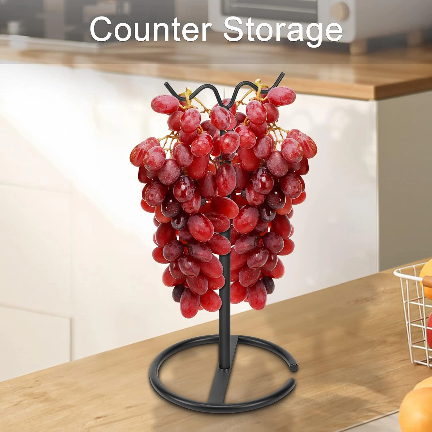 Double Hooks Standing Banana Holder, Banana Hanger Tree Stand Hook for Kitchen Countertop, Sturdy and Balanced Fruit Shelves with Storage on Both Sides.(Black)