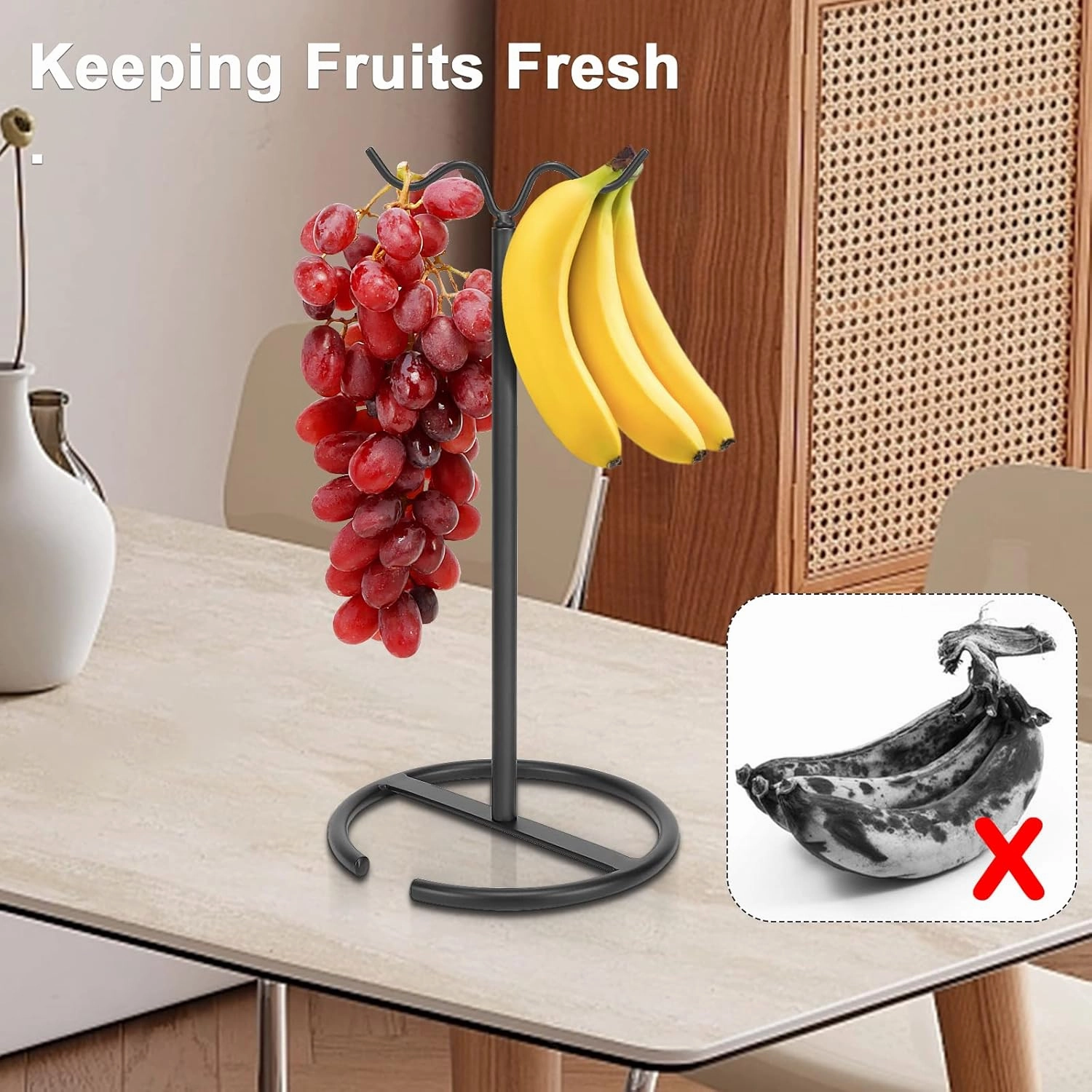 Double Hooks Standing Banana Holder, Banana Hanger Tree Stand Hook for Kitchen Countertop, Sturdy and Balanced Fruit Shelves with Storage on Both Sides.(Black)