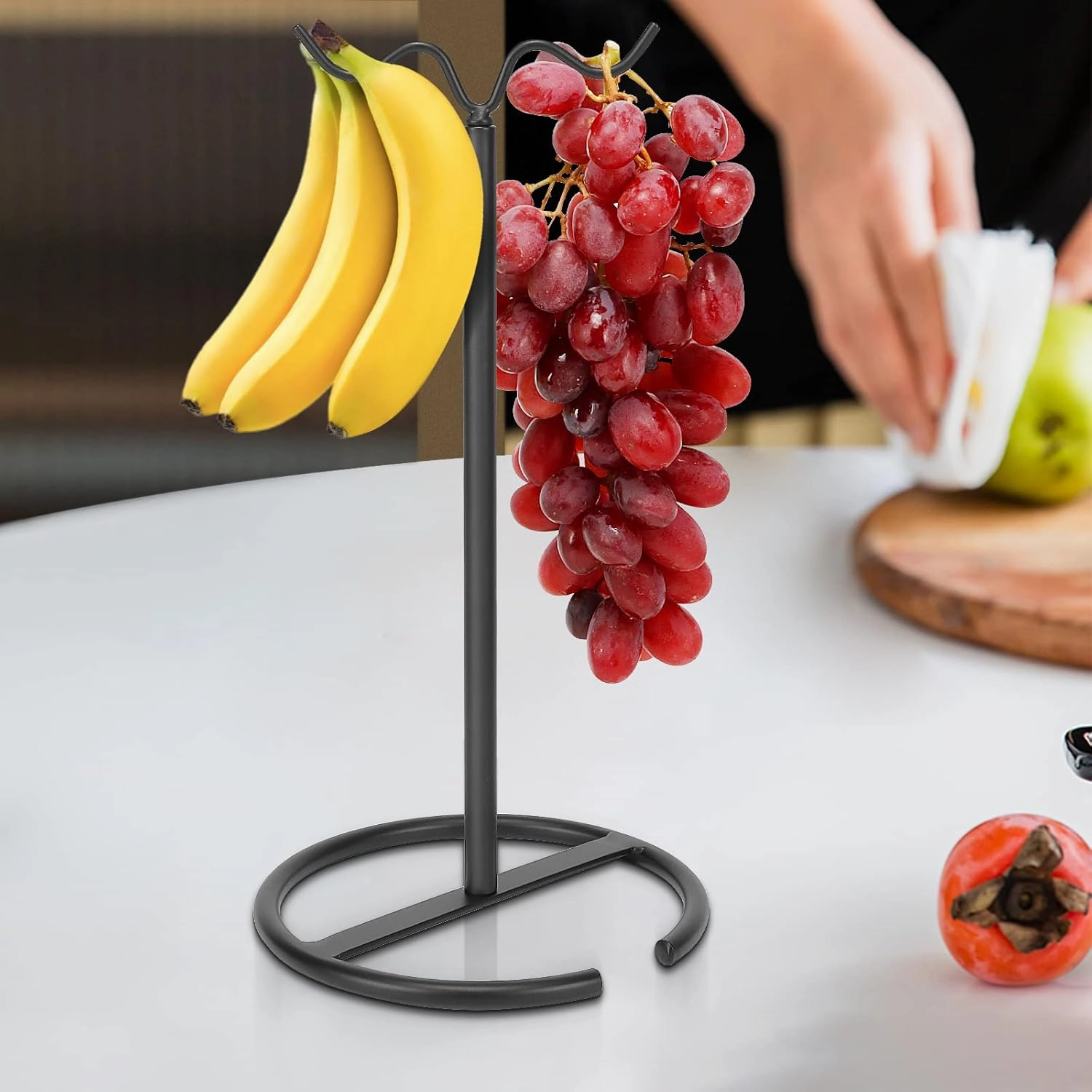 Double Hooks Standing Banana Holder, Banana Hanger Tree Stand Hook for Kitchen Countertop, Sturdy and Balanced Fruit Shelves with Storage on Both Sides.(Black)