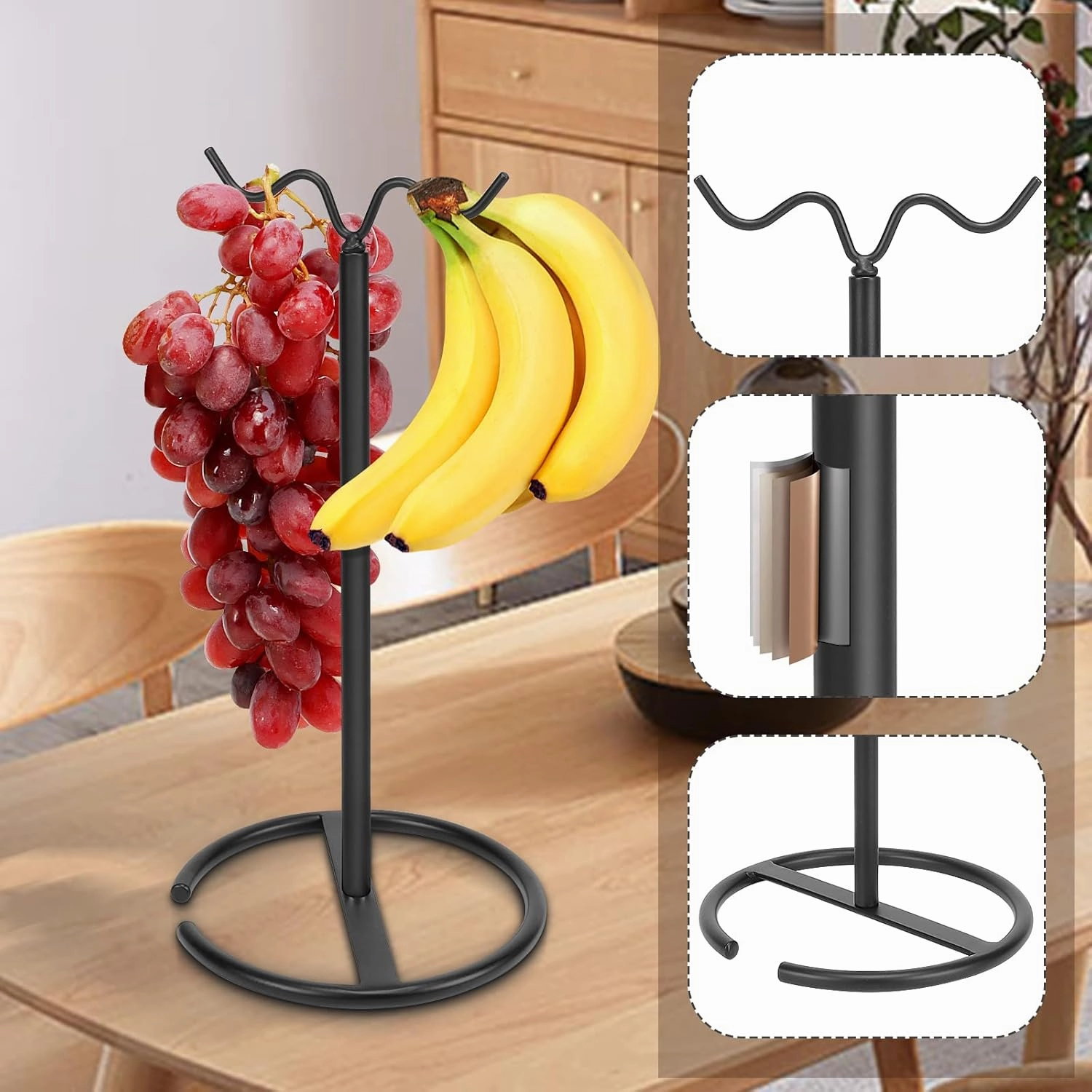 Double Hooks Standing Banana Holder, Banana Hanger Tree Stand Hook for Kitchen Countertop, Sturdy and Balanced Fruit Shelves with Storage on Both Sides.(Black)