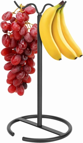Double Hooks Standing Banana Holder, Banana Hanger Tree Stand Hook for Kitchen Countertop, Sturdy and Balanced Fruit Shelves with Storage on Both Sides.(Black)