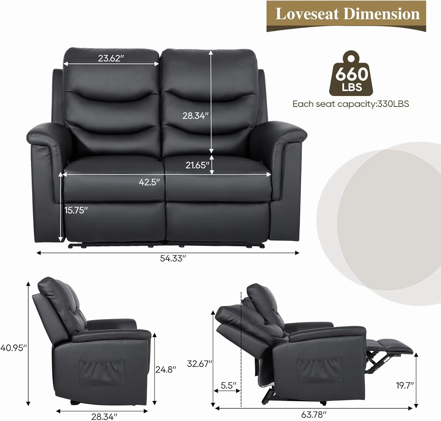 Double Recliner Loveseat With Adjustable Footrest, Wall Hugger Reclining 2 Seater for Living Room & RV