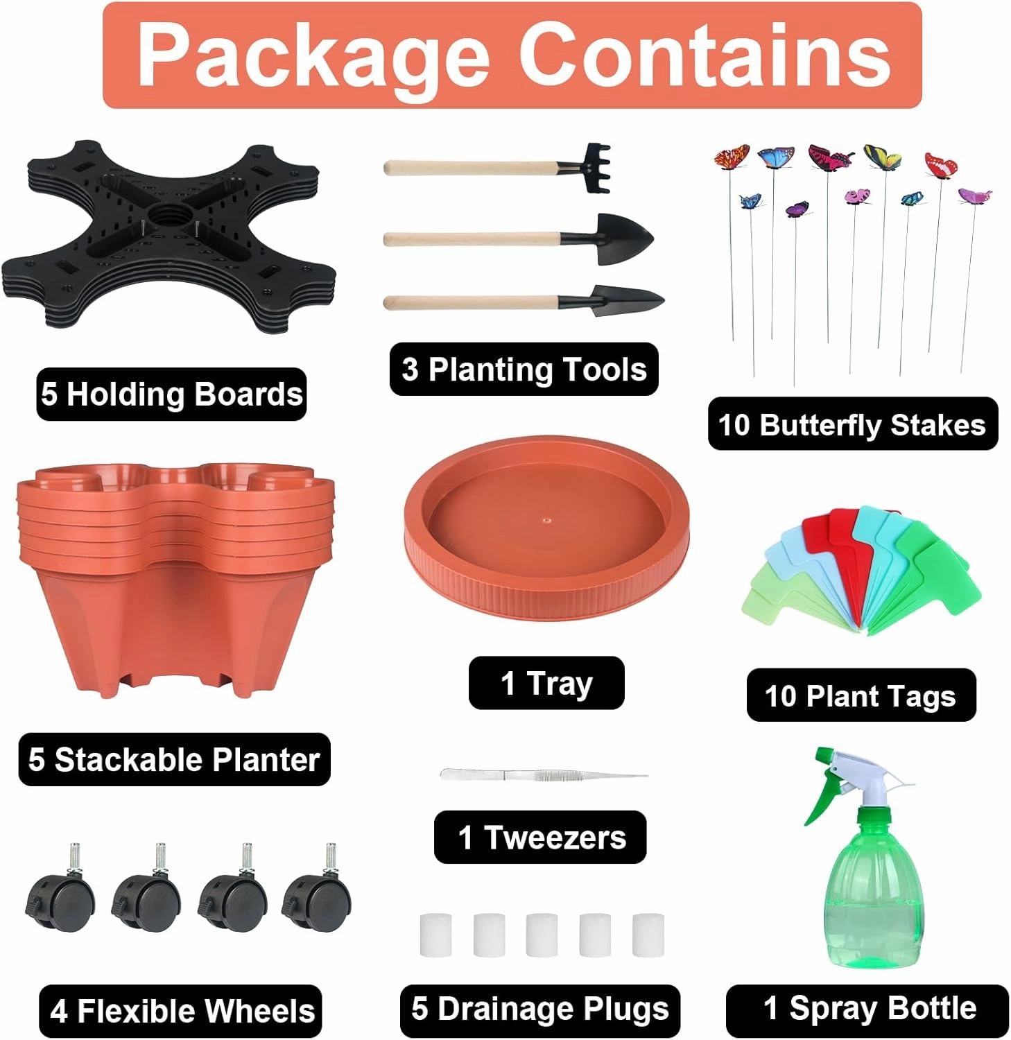 DUNCHATY Stackable Planter, Vertical Strawberry Planter with Garen Tool Set, Self Watering Garden Planter Indoor/Outdoor 5 Tier Herb Planter Pots for Growing Vegetables and Succulents, Clay Red