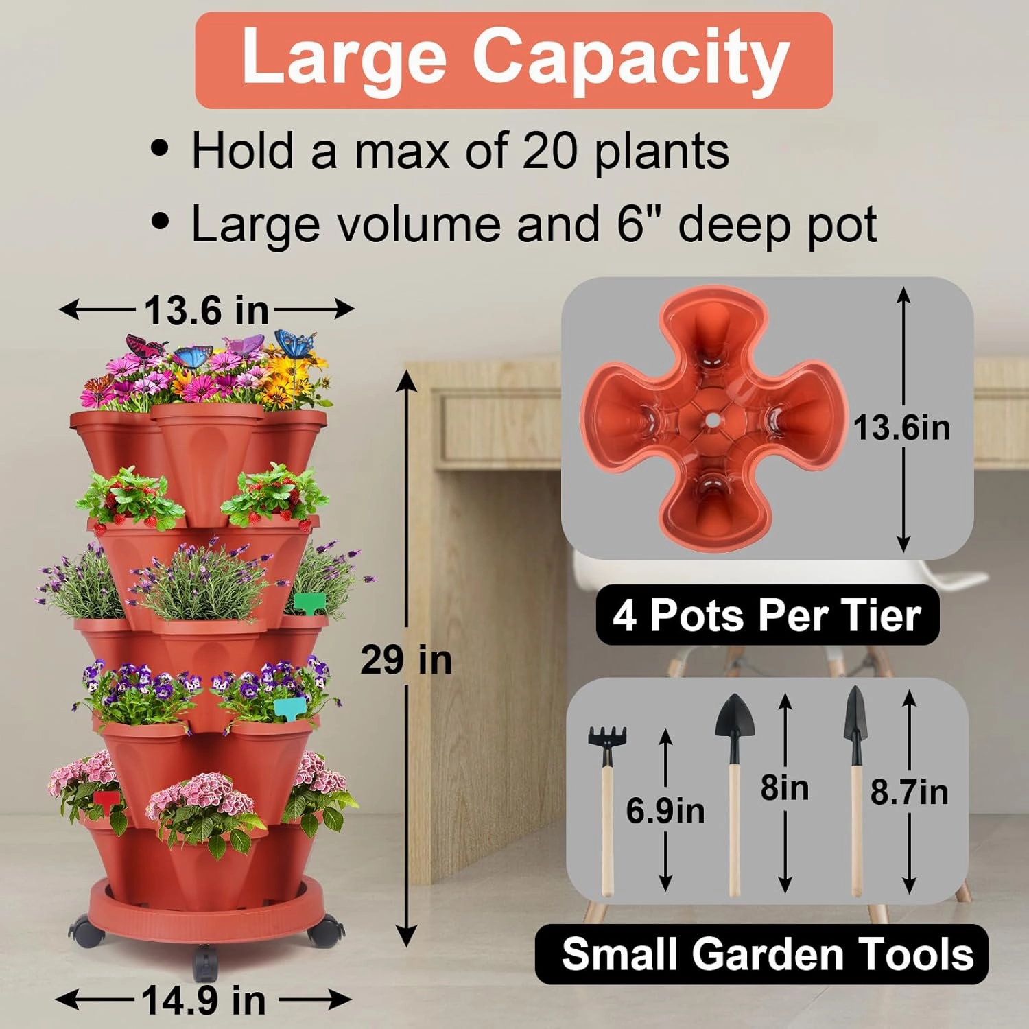 DUNCHATY Stackable Planter, Vertical Strawberry Planter with Garen Tool Set, Self Watering Garden Planter Indoor/Outdoor 5 Tier Herb Planter Pots for Growing Vegetables and Succulents, Clay Red