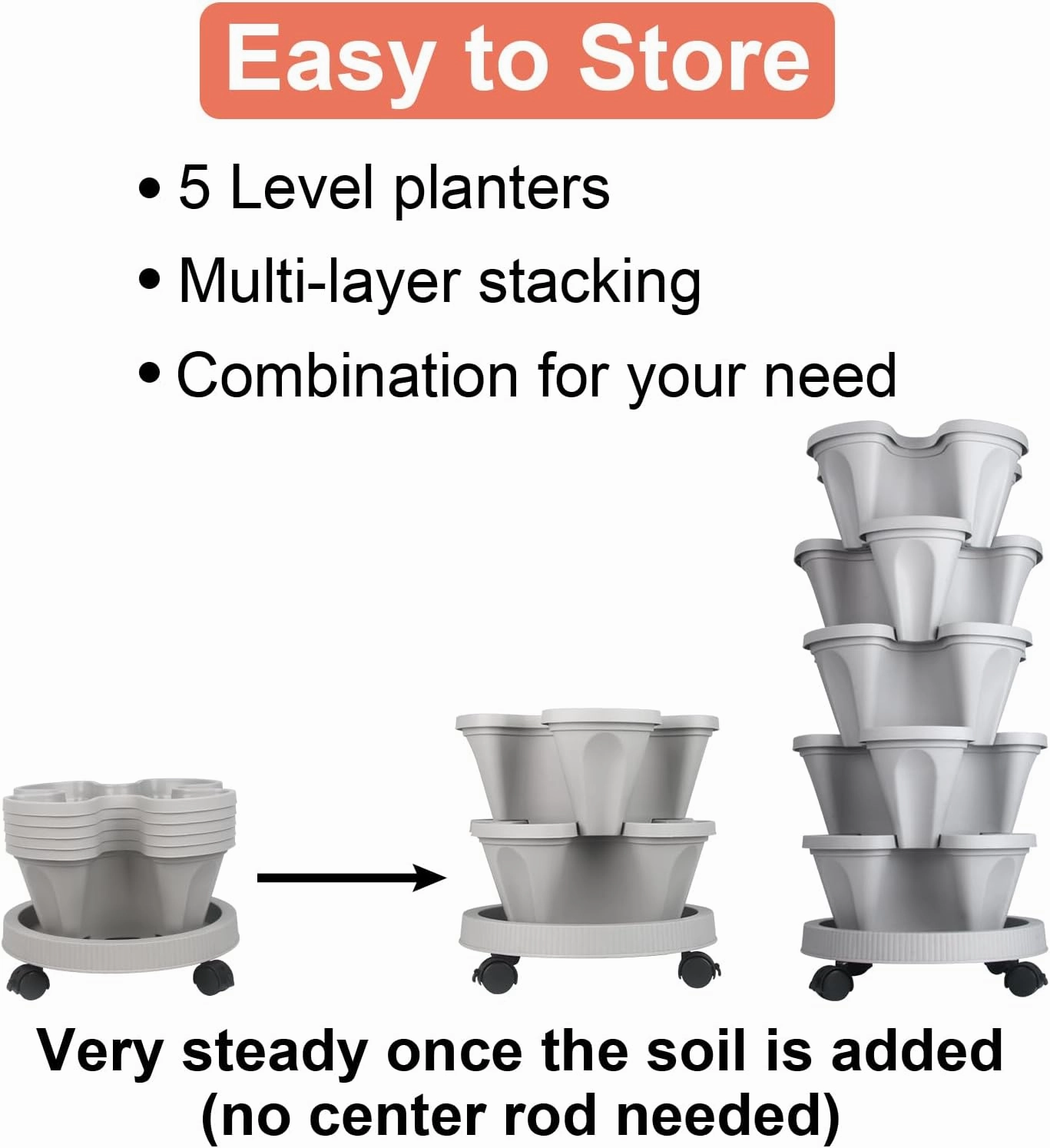 DUNCHATY Stackable Planter, Vertical Strawberry Planter with Garen Tool Set, Self Watering Garden Planter Indoor/Outdoor 5 Tier Herb Planter Pots for Growing Vegetables and Succulents, Gray