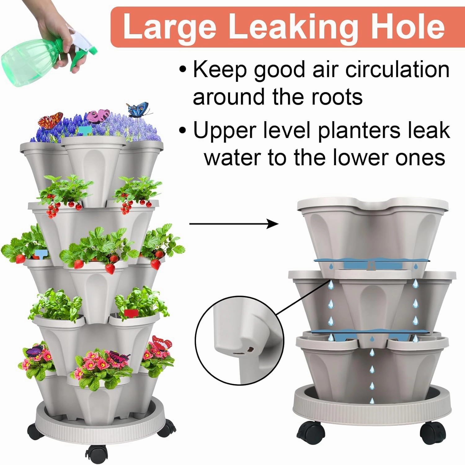 DUNCHATY Stackable Planter, Vertical Strawberry Planter with Garen Tool Set, Self Watering Garden Planter Indoor/Outdoor 5 Tier Herb Planter Pots for Growing Vegetables and Succulents, Gray
