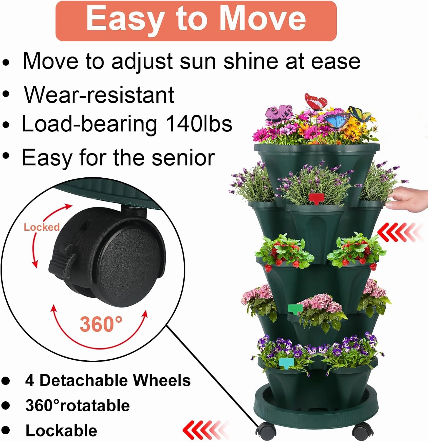 DUNCHATY Stackable Planter, Vertical Strawberry Planter with Garen Tool Set, Self Watering Garden Planter Indoor/Outdoor 5 Tier Herb Pots for Growing Vegetables and Succulents, Pine Green