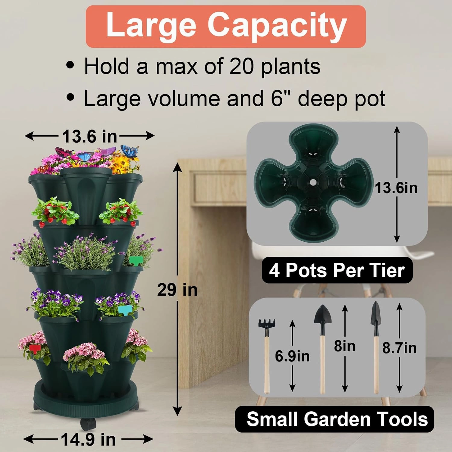 DUNCHATY Stackable Planter, Vertical Strawberry Planter with Garen Tool Set, Self Watering Garden Planter Indoor/Outdoor 5 Tier Herb Pots for Growing Vegetables and Succulents, Pine Green