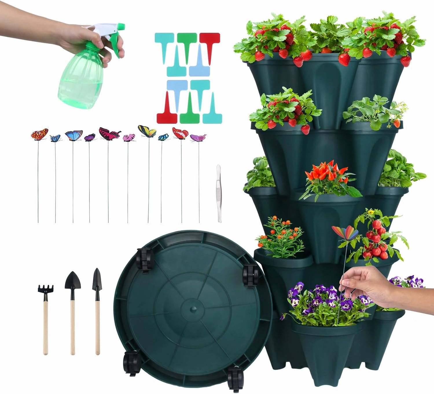 DUNCHATY Stackable Planter, Vertical Strawberry Planter with Garen Tool Set, Self Watering Garden Planter Indoor/Outdoor 5 Tier Herb Pots for Growing Vegetables and Succulents, Pine Green