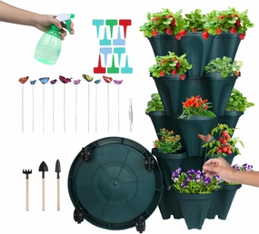 DUNCHATY Stackable Planter, Vertical Strawberry Planter with Garen Tool Set, Self Watering Garden Planter Indoor/Outdoor 5 Tier Herb Pots for Growing Vegetables and Succulents, Pine Green