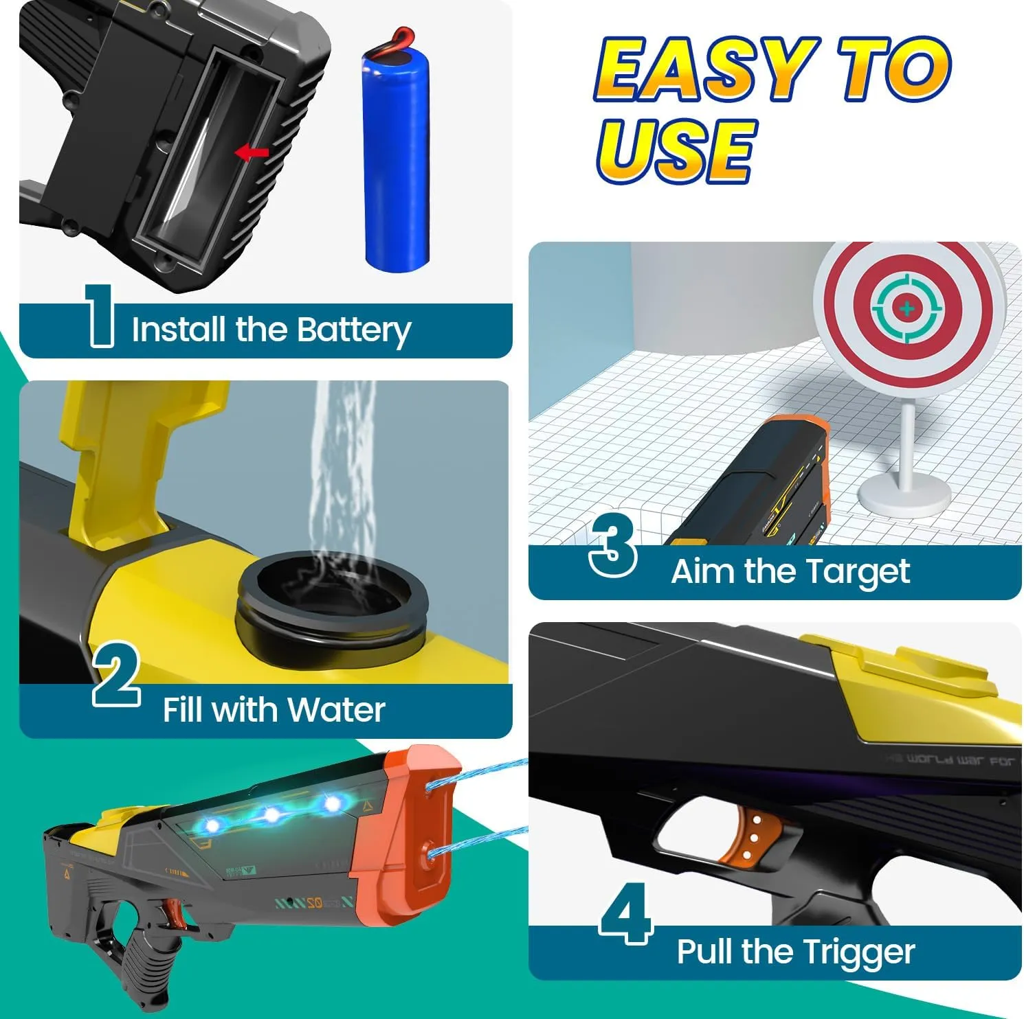 EagleStone Electric Water Gun for Adults & Kids, Light-Up Dual Nozzle Water Blaster,Squirt Gun with 1500mAh Battery, 26-33FT Long-Range Shooting, Leak-Proof, Outdoor Beach Pool Party Toy