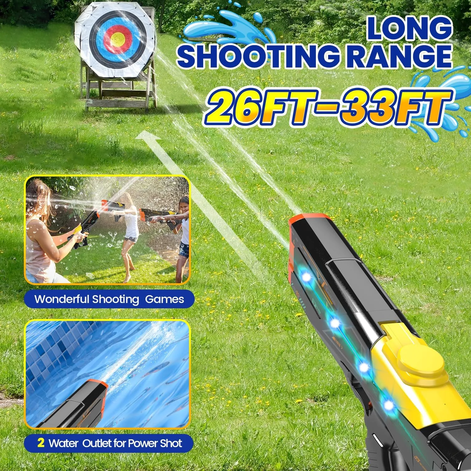 EagleStone Electric Water Gun for Adults & Kids, Light-Up Dual Nozzle Water Blaster,Squirt Gun with 1500mAh Battery, 26-33FT Long-Range Shooting, Leak-Proof, Outdoor Beach Pool Party Toy