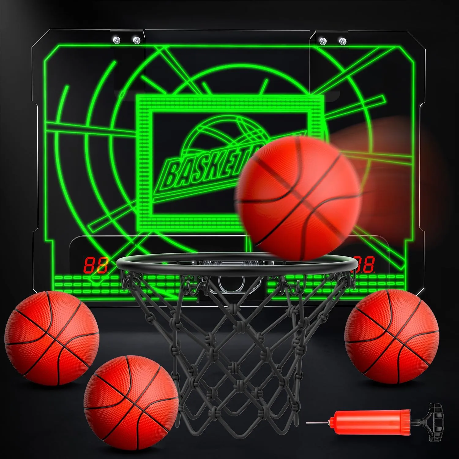 EagleStone Indoor Mini Basketball Hoop for Kids, Over The Door Basketball Hoops with LED Lighting, Mini Hoop with Scoreboard & 4 Balls, Perfect Basketball Toy Gift for Boys and Girls Ages 3-5,8-12
