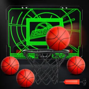 EagleStone Indoor Mini Basketball Hoop for Kids, Over The Door Basketball Hoops with LED Lighting, Mini Hoop with Scoreboard & 4 Balls, Perfect Basketball Toy Gift for Boys and Girls Ages 3-5,8-12