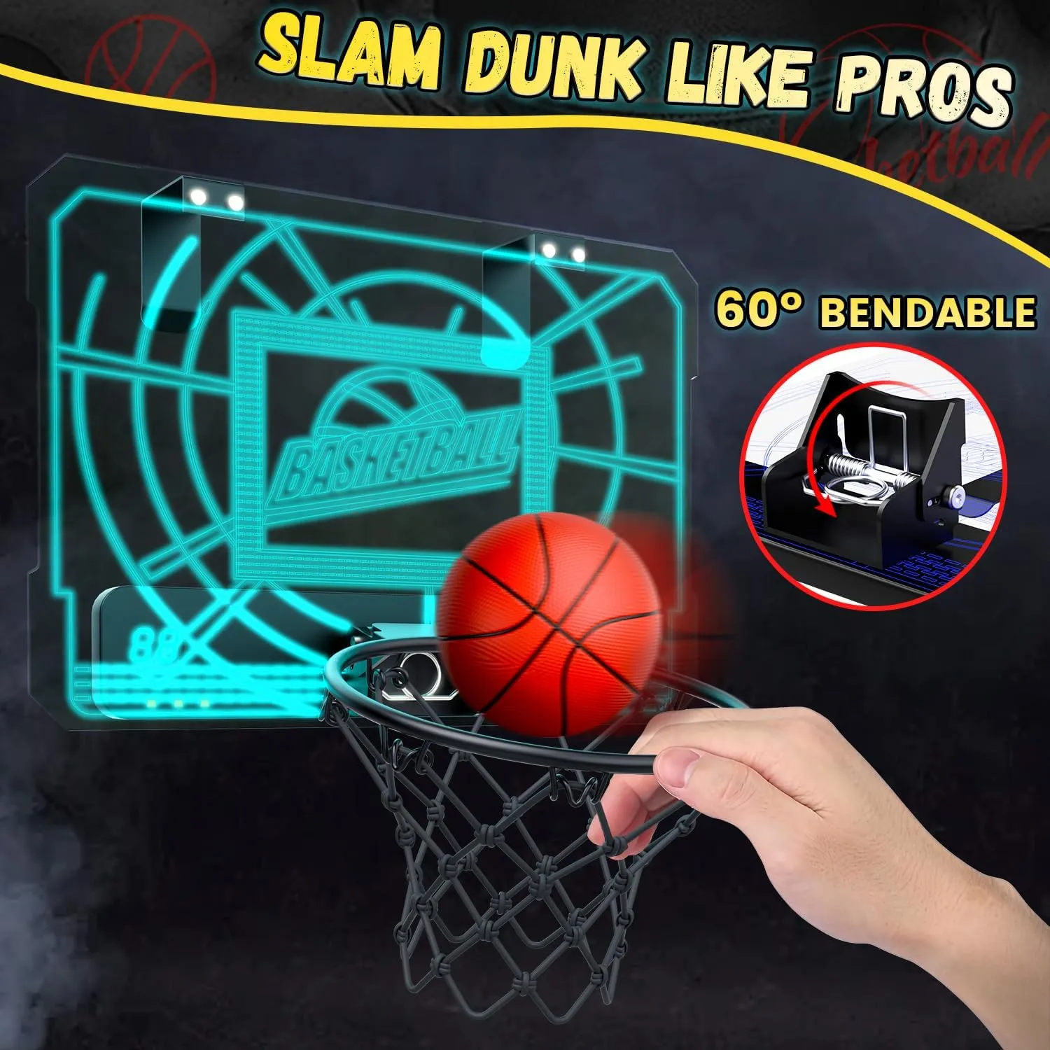 EagleStone Indoor Mini Basketball Hoop for Kids, Over The Door Basketball Hoops with LED Lighting, Mini Hoop with Scoreboard & 4 Balls, Perfect Basketball Toy Gift for Boys and Girls Ages 3-5,8-12