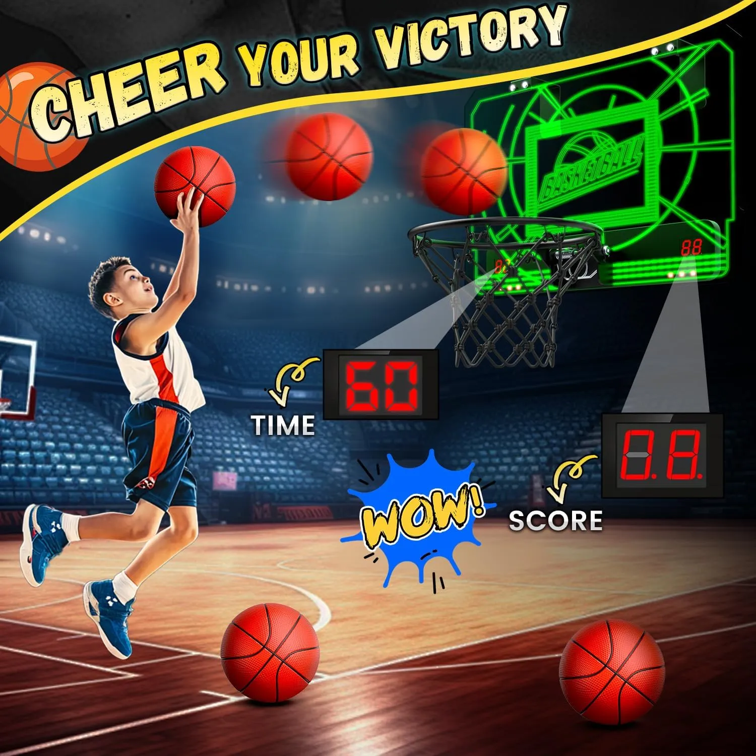EagleStone Indoor Mini Basketball Hoop for Kids, Over The Door Basketball Hoops with LED Lighting, Mini Hoop with Scoreboard & 4 Balls, Perfect Basketball Toy Gift for Boys and Girls Ages 3-5,8-12