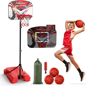 EagleStone Kid Basketball Hoop Outdoor, Toddler Basketball Hoop Indoor Adjustable Height 2.9ft-6ft with LED Lights,Scoreboard, Mini Hoop with 3 Balls,Outdoor Basketball Toys for Boys Kids Ages 4-8