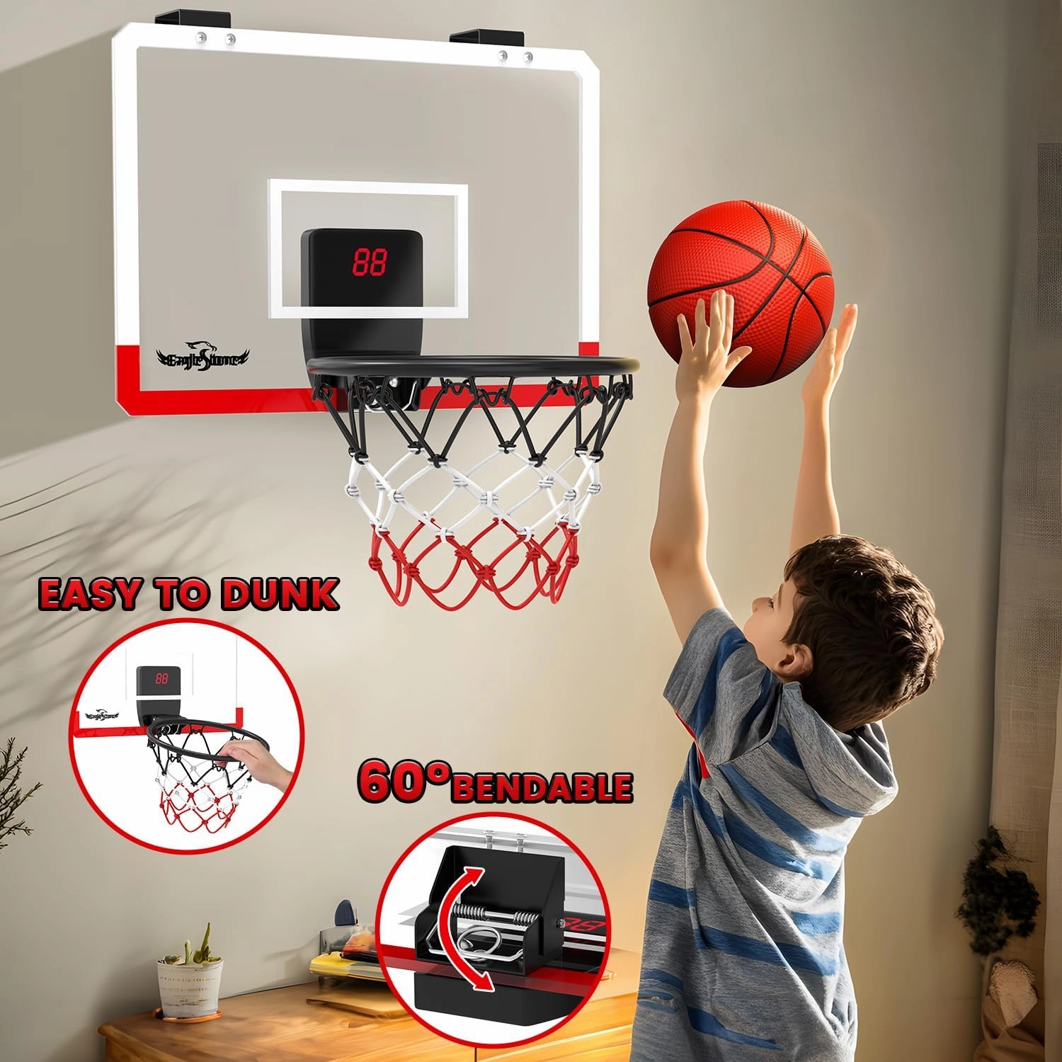 EagleStone Kids Mini Basketball Hoop Set, Over The Door Basketball Hoop with Electronic Scoreboard, 4 Balls, Wall Mounted Room Basketball Hoops for Kids Boys Birthday