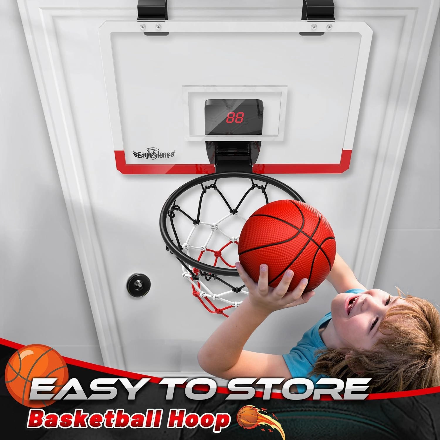 EagleStone Kids Mini Basketball Hoop Set, Over The Door Basketball Hoop with Electronic Scoreboard, 4 Balls, Wall Mounted Room Basketball Hoops for Kids Boys Birthday