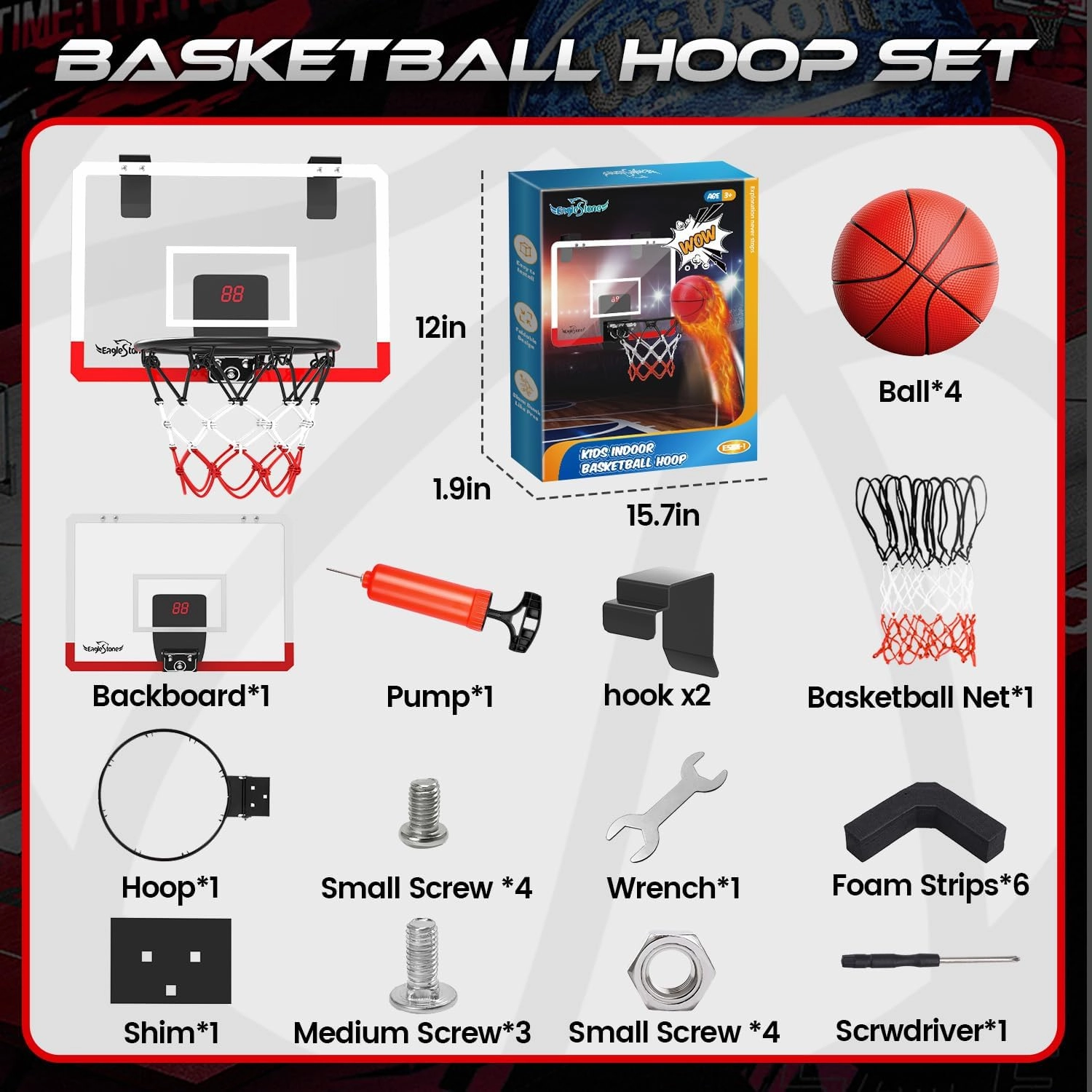 EagleStone Kids Mini Basketball Hoop Set, Over The Door Basketball Hoop with Electronic Scoreboard, 4 Balls, Wall Mounted Room Basketball Hoops for Kids Boys Birthday