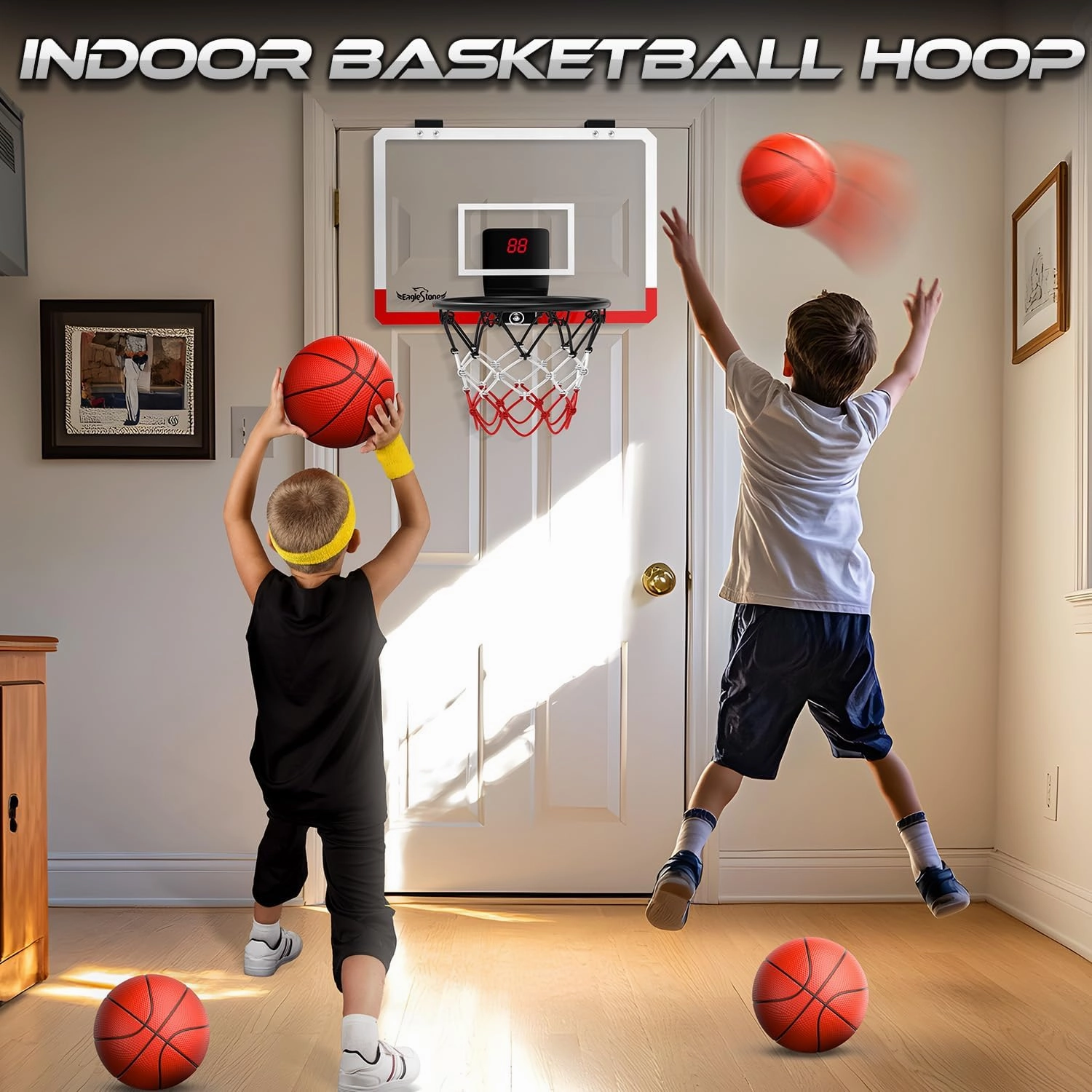 EagleStone Kids Mini Basketball Hoop Set, Over The Door Basketball Hoop with Electronic Scoreboard, 4 Balls, Wall Mounted Room Basketball Hoops for Kids Boys Birthday