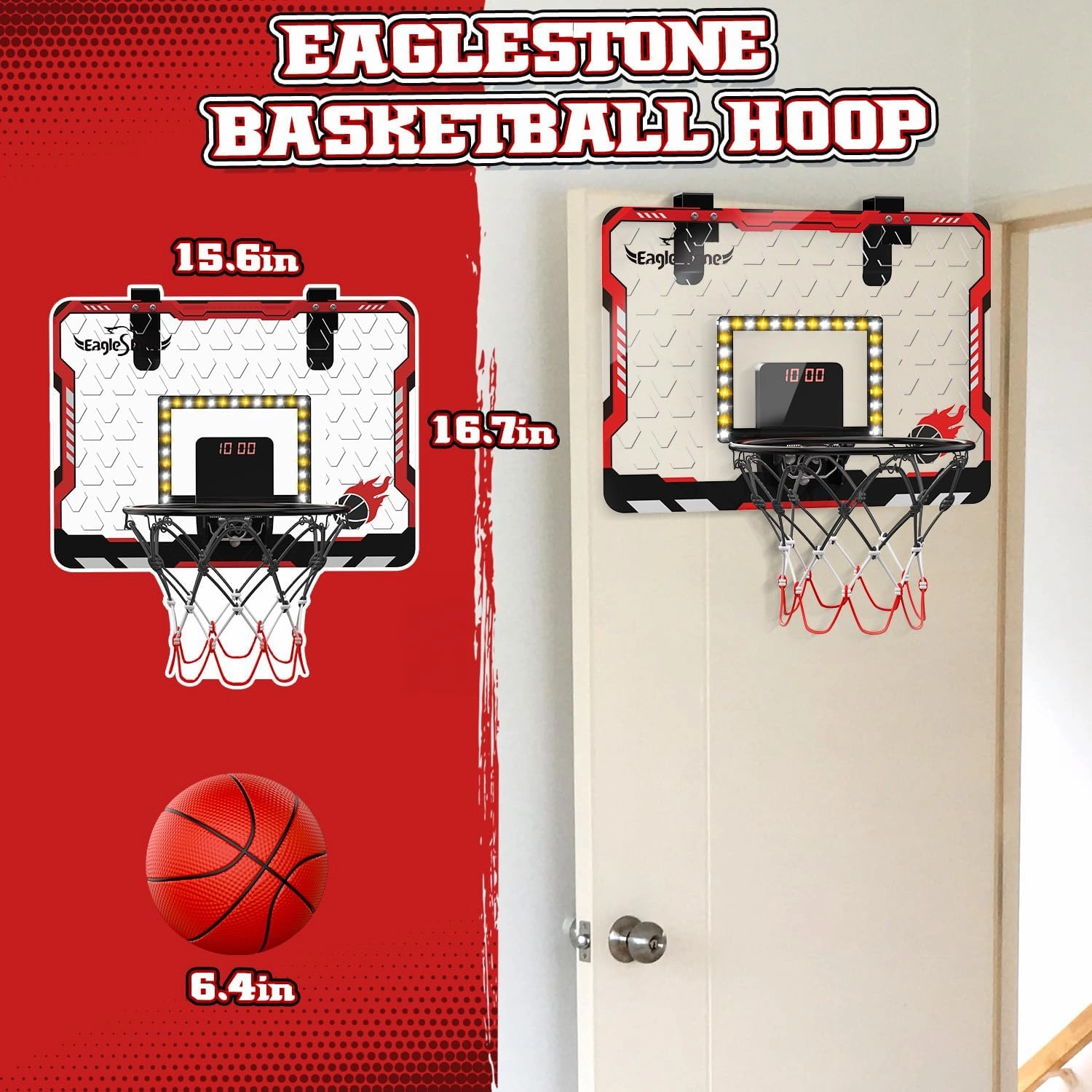 EagleStone Mini Basketball Hoop Indoor with LED Light,Double Electronic Scoreboard,Basketball Hoop Indoor Toys for Kids,2 Game Modes Over Door Basketball Hoop for 5-7 8-12 Year Olds Boys, Gifts