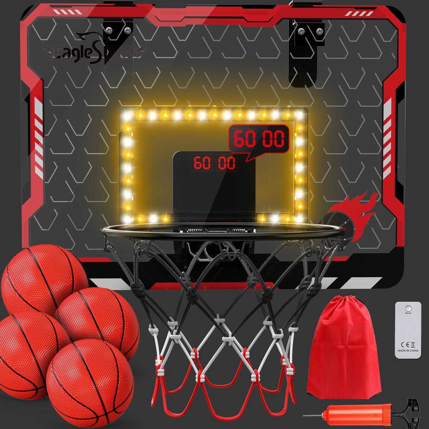 EagleStone Mini Basketball Hoop Indoor with LED Light,Double Electronic Scoreboard,Basketball Hoop Indoor Toys for Kids,2 Game Modes Over Door Basketball Hoop for 5-7 8-12 Year Olds Boys, Gifts