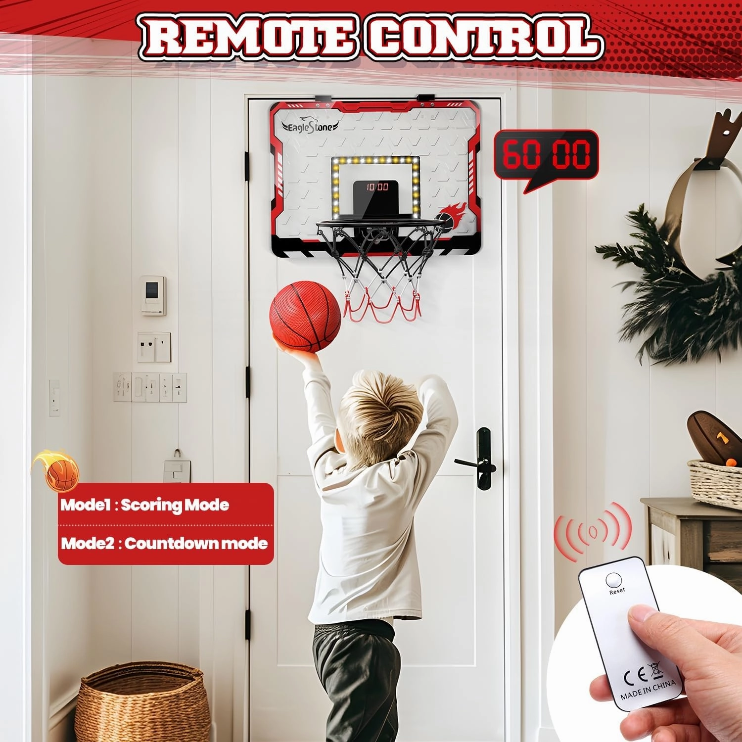 EagleStone Mini Basketball Hoop Indoor with LED Light,Double Electronic Scoreboard,Basketball Hoop Indoor Toys for Kids,2 Game Modes Over Door Basketball Hoop for 5-7 8-12 Year Olds Boys, Gifts