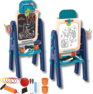 Easel for Kids – 4 in 1 Double Sided Toddler Art Easel with Magnetic Whiteboard, Chalk Board, Basketball Hoop & Ring Toss Game – Multifunctional Easel with Drawing Accessories for Ages 3 