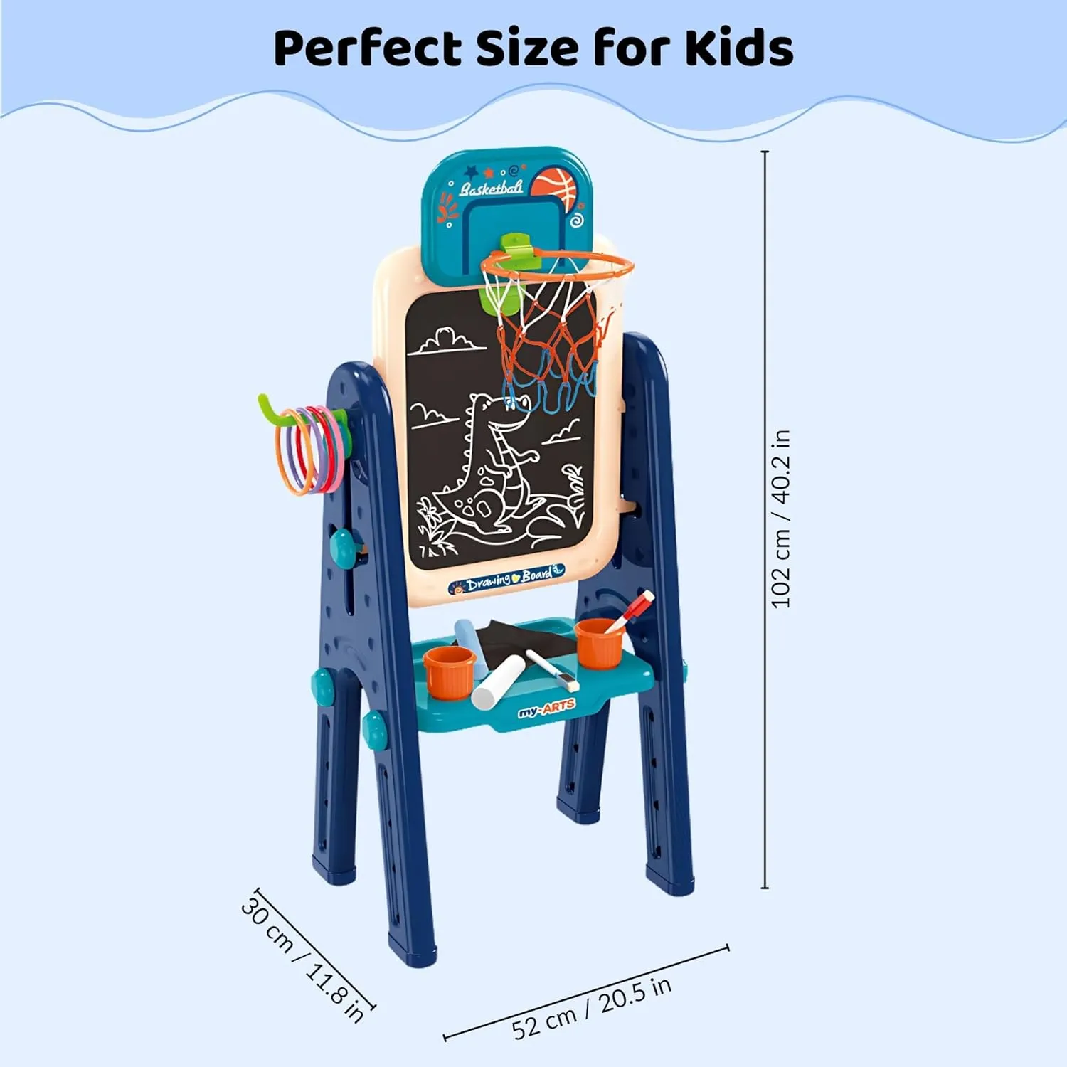 Easel for Kids – 4 in 1 Double Sided Toddler Art Easel with Magnetic Whiteboard, Chalk Board, Basketball Hoop & Ring Toss Game – Multifunctional Easel with Drawing Accessories for Ages 3 