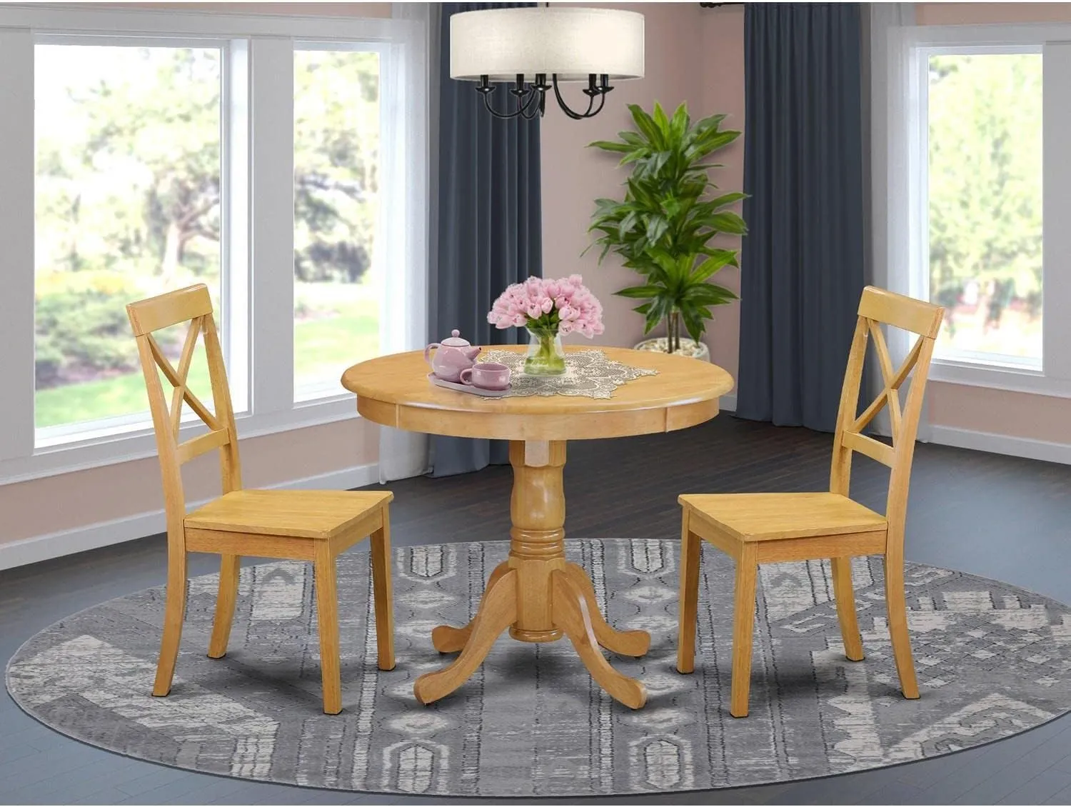 East West Furniture ANBO3-OAK-W 3 Piece Modern Dining Table Set Contains a Round Kitchen Table with Pedestal and 2 Kitchen Dining Chairs, 36x36 Inch, Oak