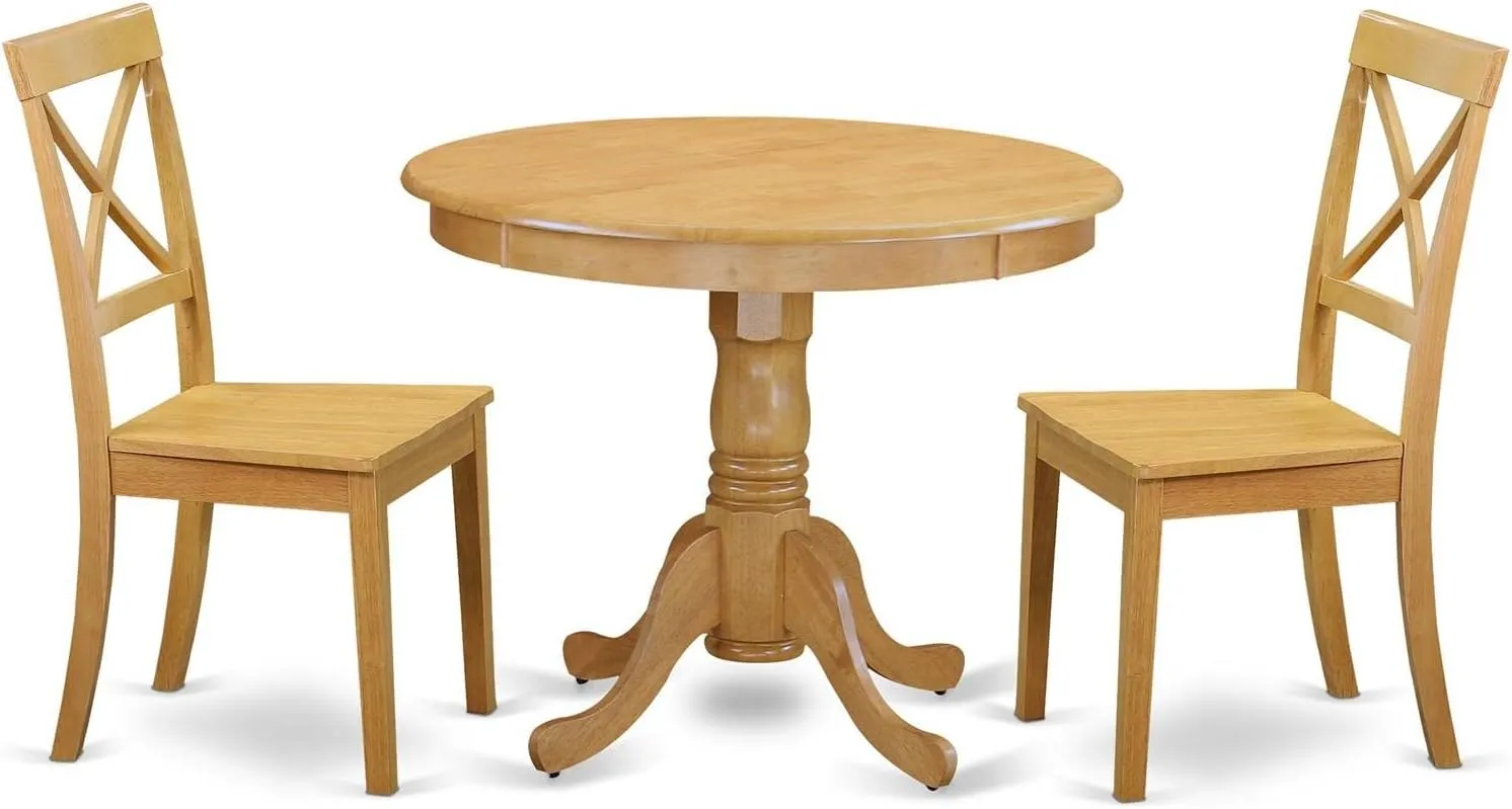 East West Furniture ANBO3-OAK-W 3 Piece Modern Dining Table Set Contains a Round Kitchen Table with Pedestal and 2 Kitchen Dining Chairs, 36x36 Inch, Oak