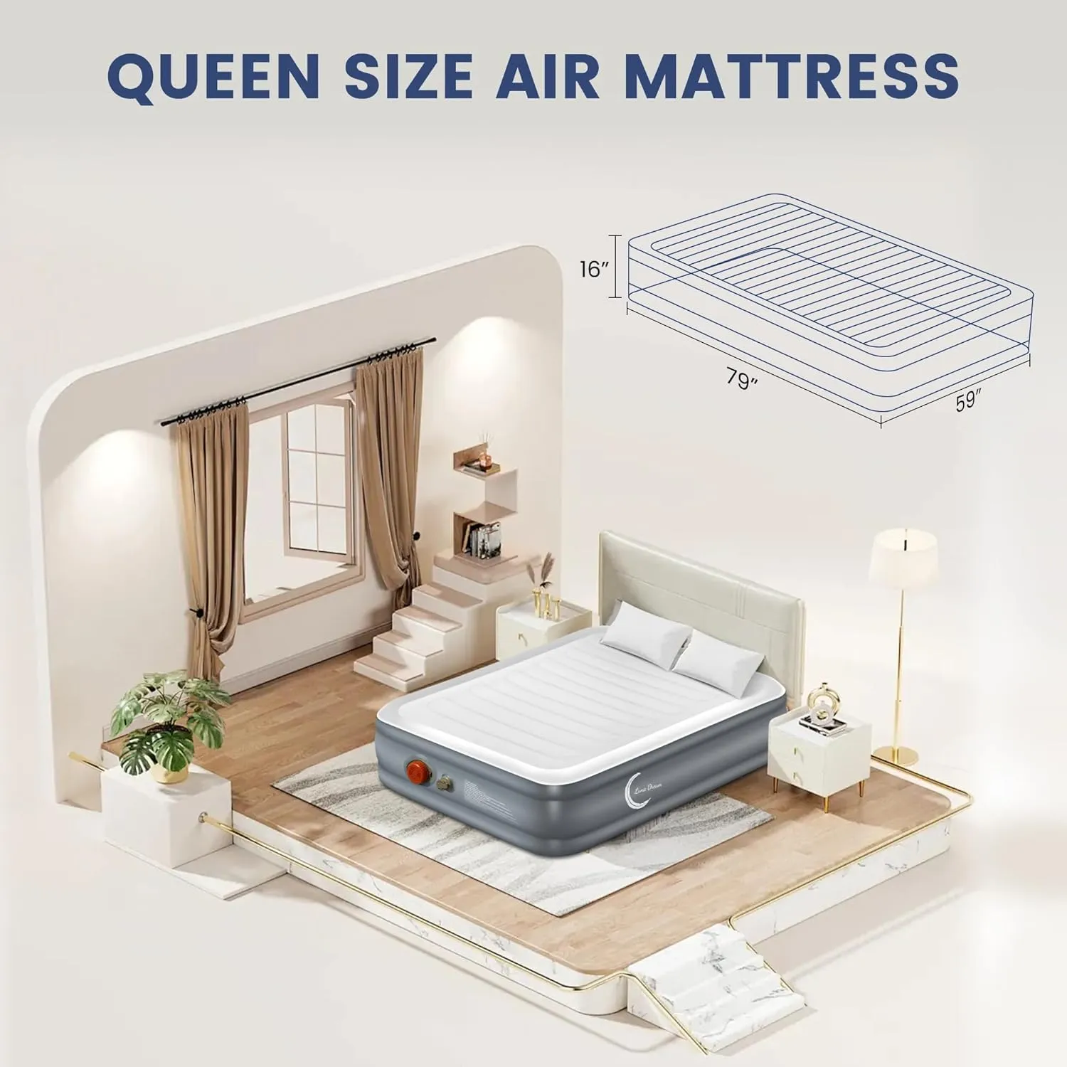 Eclipse Series Queen Air Mattress with USB Rechargeable Built-in Pump, Wireless Inflatable Airbed, Durable Leakproof Design, Portable for Home & Camping