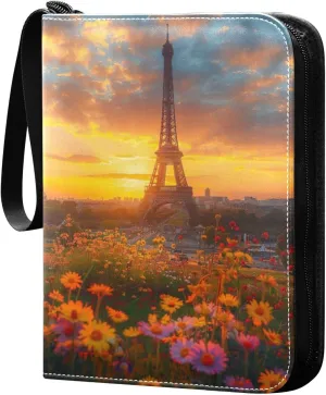 Eiffel Tower Painting Card Binder 4-Pocket, 400 Pockets Card Holder with 50 Removable Sleeves and Zipper for Games Baseball Football Sports Card