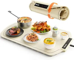 Electric Warming Tray,Portable Food Warming,Rollable & Portable,4 Temperature Settings,Premium Silicone Material,Auto Shut-Off -Versatile Food Warmer for Gatherings,Parties (Beige)