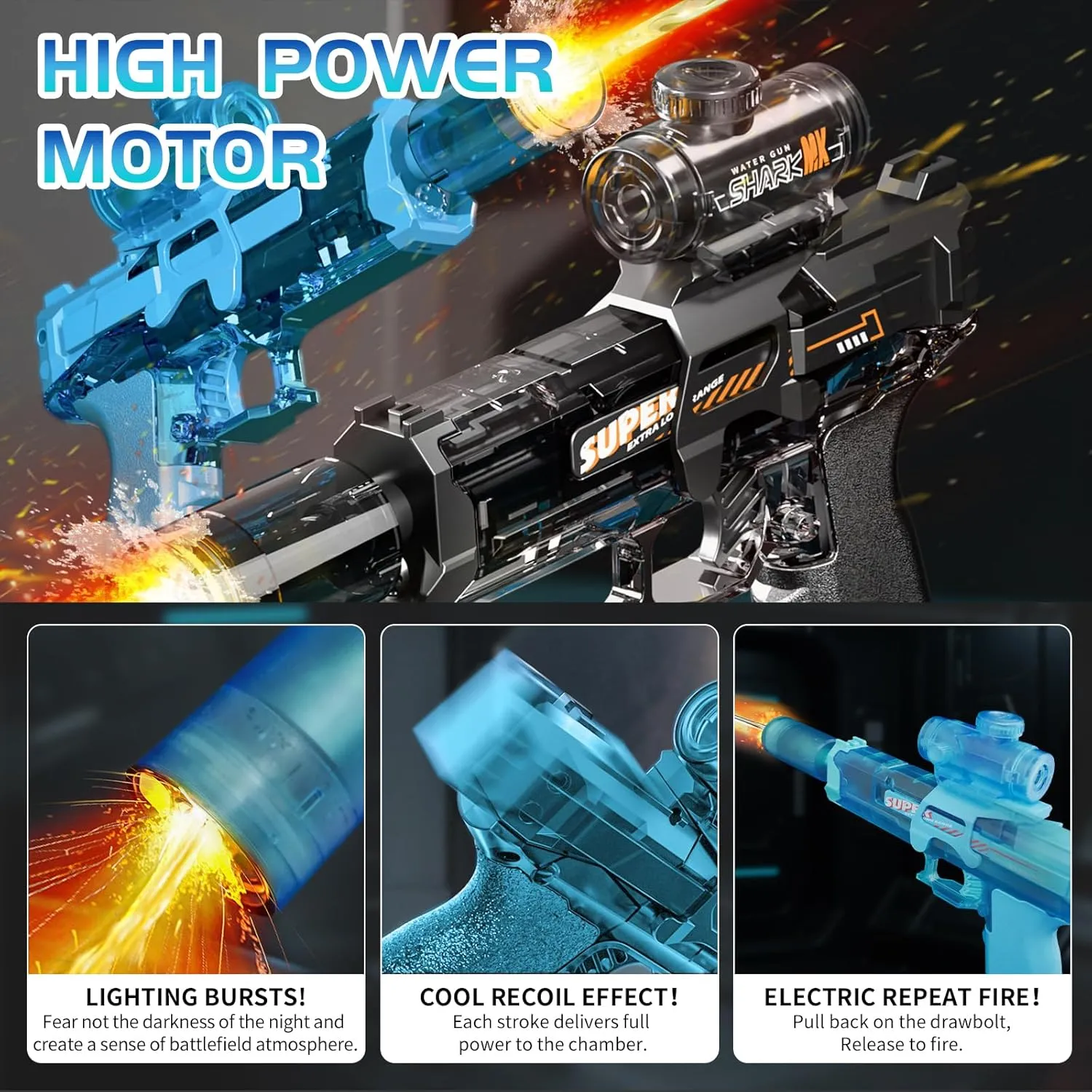 Electric Water Gun for Kids Adults, Automatic Water Gun with Long Range & Led Lights, Powerful Squirt Gun Water Pistol Blaster Soaker, Summer Outdoor Pool Beach Toy for Backyard Games(Blue)