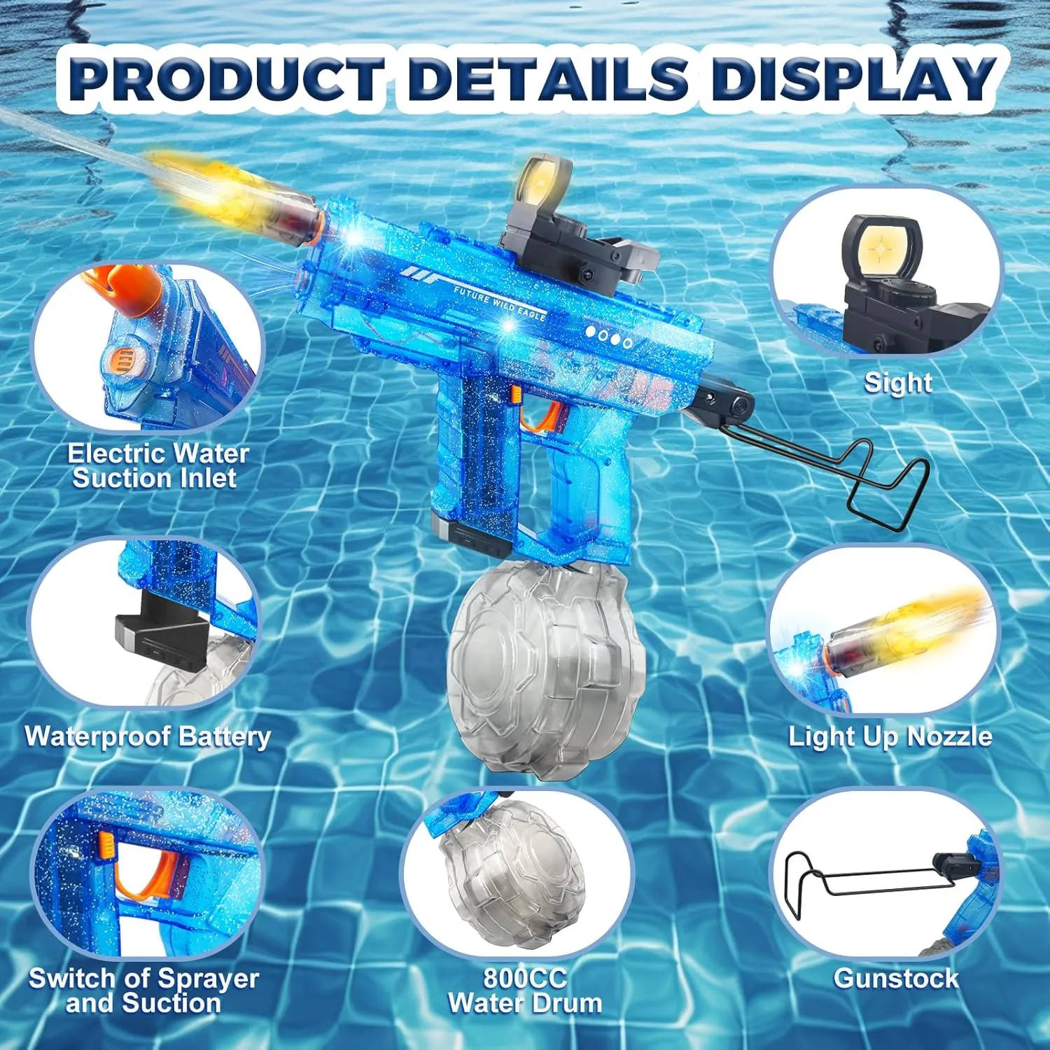 Electric Water Gun for Kids & Adults, LED Big Water Gun Play, 800CC Super Capacity Squirt Gun, 32FT Long Range, Dual-Mode Auto-Suction System, Pool Water Guns for Outdoor, Summer Gift