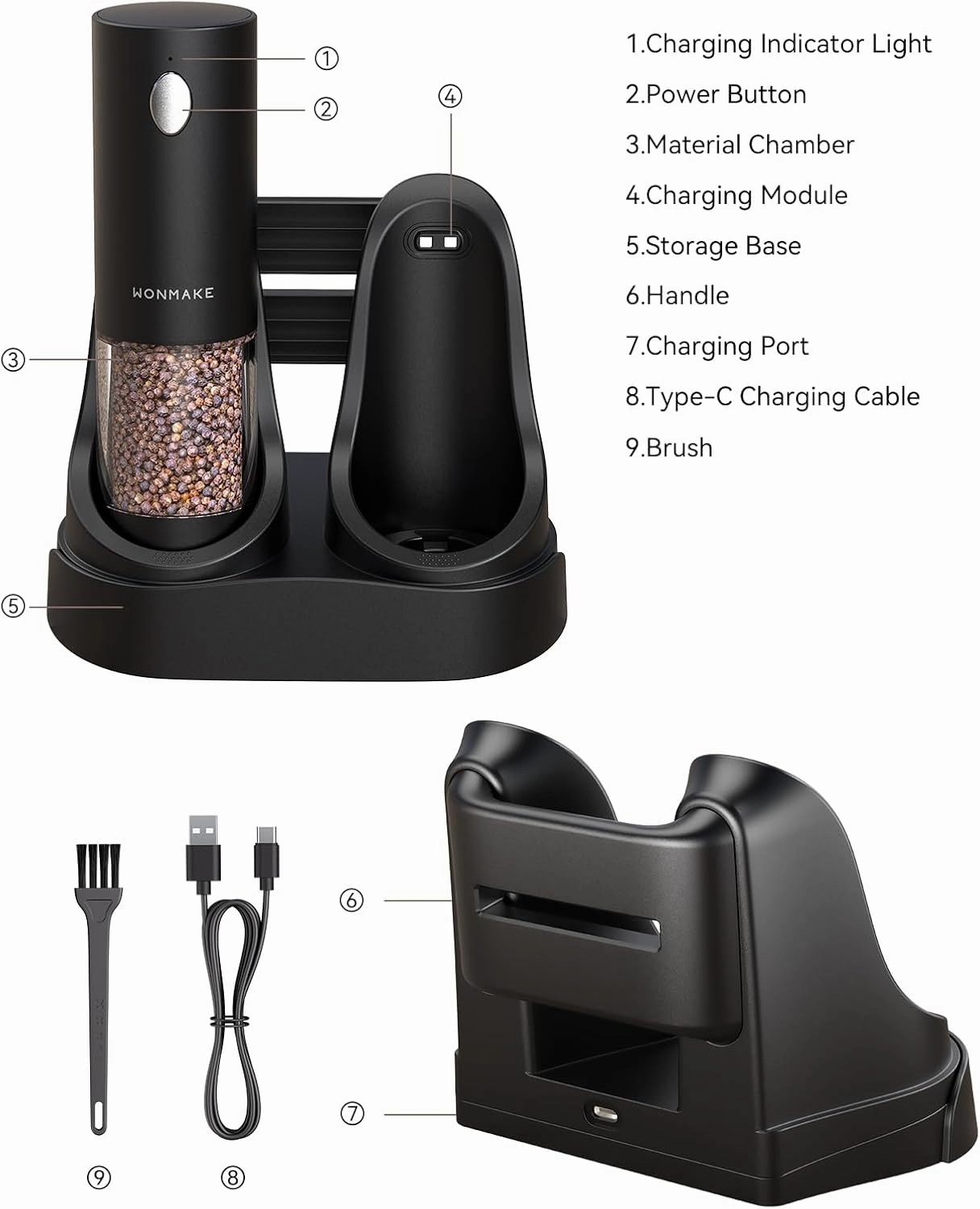 Electric Salt and Pepper Grinder Set - Automatic Refillable Salt and Pepper Grinders with Charging Base & LED Light, Adjustable Coarseness, One-handed Easy Operation, Ideal Kitchen Gadget