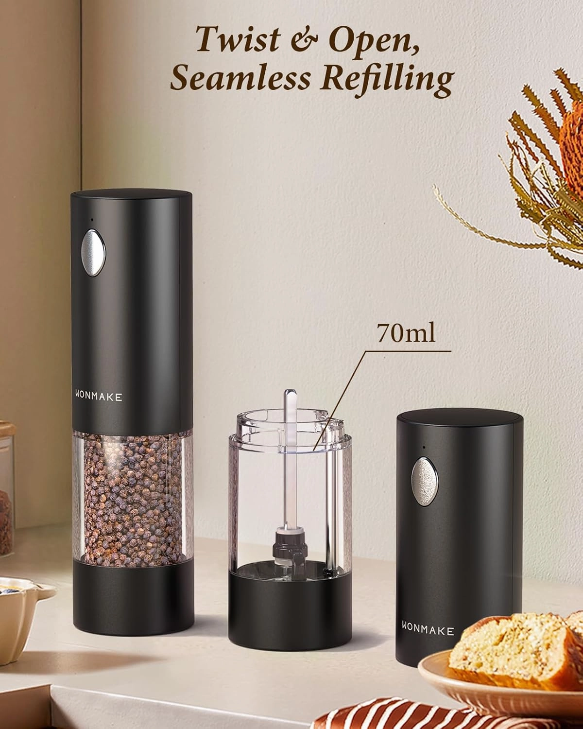 Electric Salt and Pepper Grinder Set - Automatic Refillable Salt and Pepper Grinders with Charging Base & LED Light, Adjustable Coarseness, One-handed Easy Operation, Ideal Kitchen Gadget