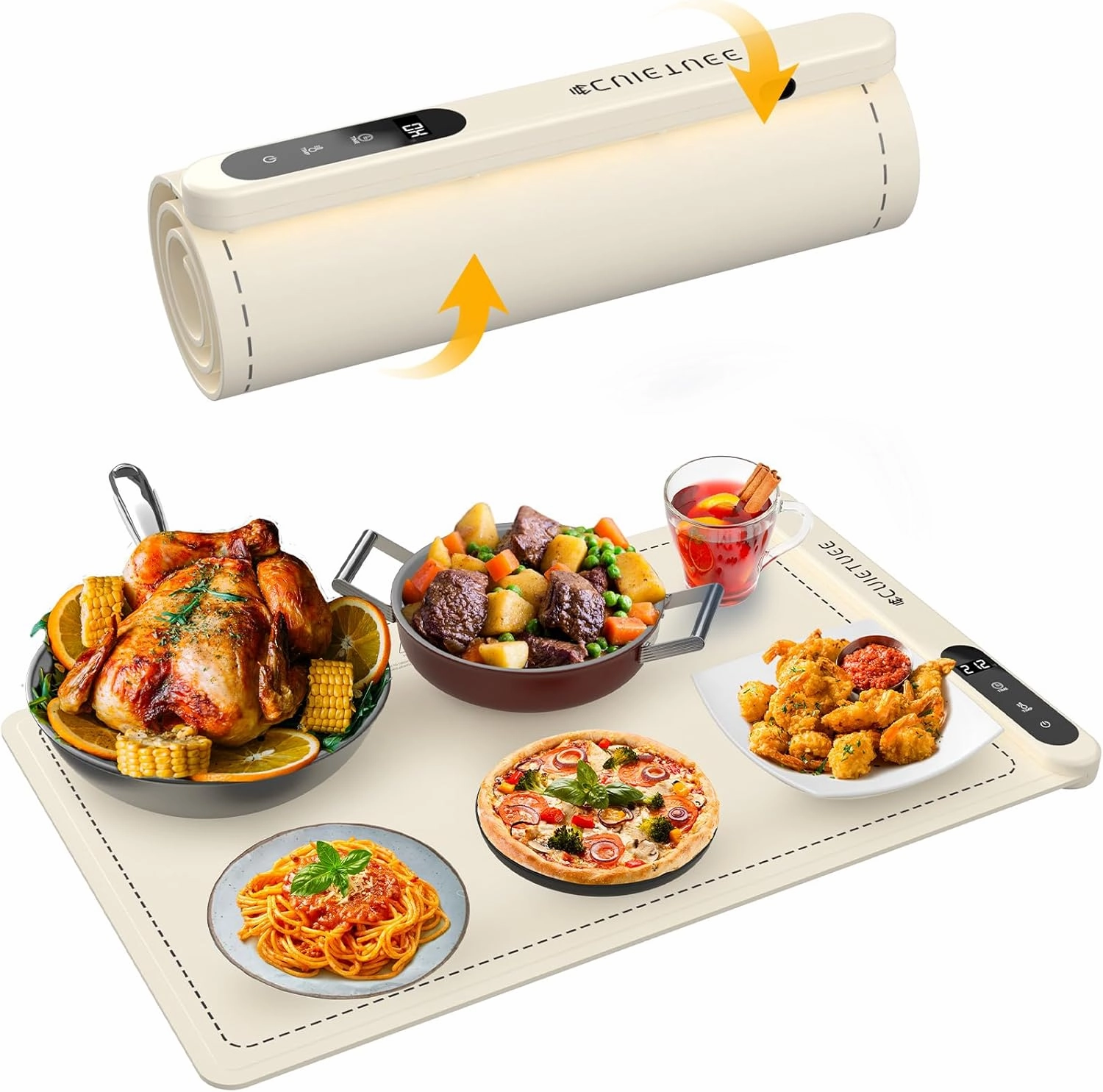 Electric Warming Tray 500W Upgraded Graphene Heat-Conducting Material, Rollable and Portable Food Warming Mat 6 Temperature Settings for Gatherings Parties Home Buffets Daily Use, Beige