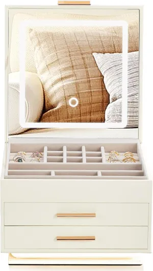 Elegant LED jewelry box with three color mirror lights and ambient light - white cabinet and pink velvet three-layer jewelry storage organizer, with 2 drawers, creative gift giving